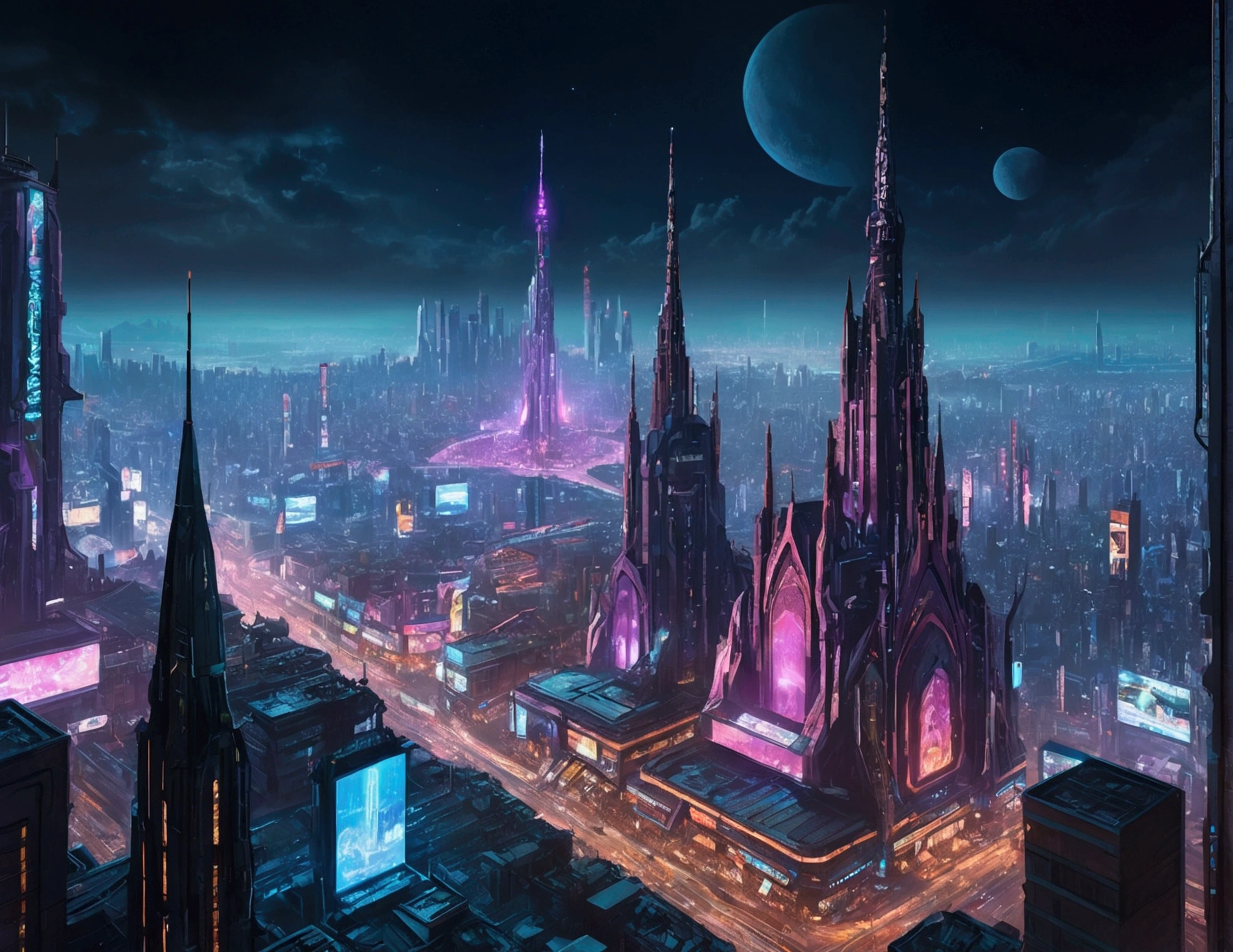 A sprawling cyberpunk cityscape, with towering spires and holographic billboards illuminating the night sky.