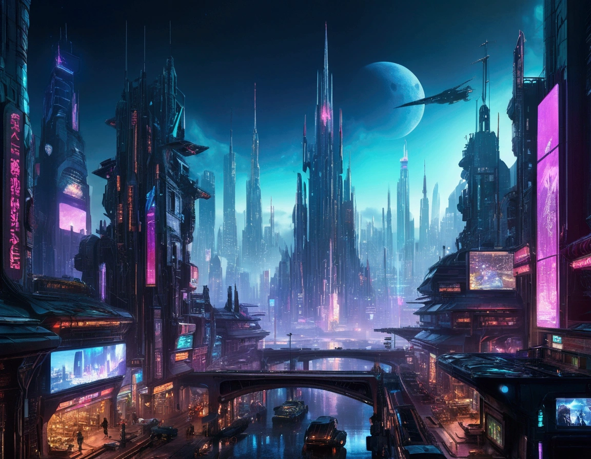 A sprawling cyberpunk cityscape, with towering spires and holographic billboards illuminating the night sky.