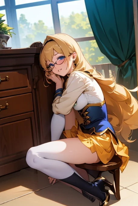 Imagine a female character of ((full body)), very long blonde curly hair , with a beautiful  figure, small breasts, beautiful bright blue eyes, full carmine lips, blushing cheeks, wearing a beautiful short green and golden dress, with puffed poet sleeves, leather corset, high stockings, high heels, green glasses, silver earrings, ((tight white micro panties)), panty pull, excessive pubic hair. Image in perfectly detailed resolution, full 4k quality, in an anime style, inspired by Navia from genshin impact, and aurora from sleeping beauty. She is a receptionist at an adventurer's guild, ((she is sitting on the reception long desk)), hugging her breasts, with her ((spread_legs)), upskirt, showing her panties,  cameltoe, looking at the viewer with a flirtatious look and a tender smile.