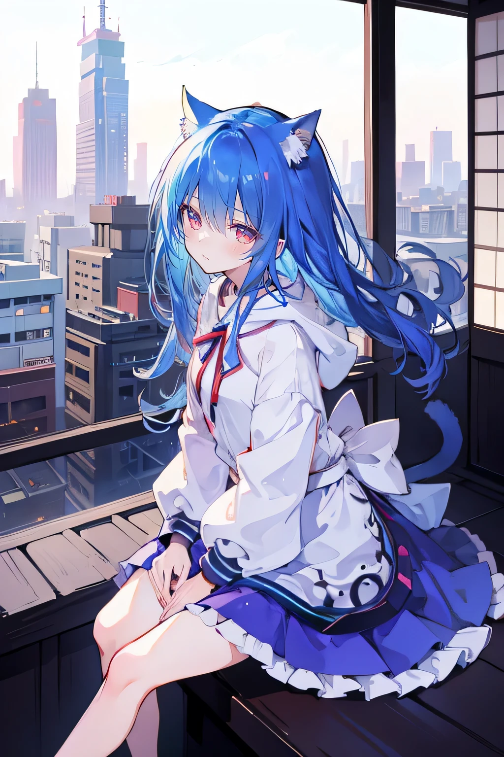 （maSterpiece：1.2），Super detailed，lifelike，ExpreSSive eyeS，fair Skin，perfect face Shape，1 girl，
JapaneSe comicS,GorgeouS blue hair,flowing blue hair,flowing clotheS,Cat earS,PetalS fall,beautiful lola,Baby Angel，The pavilion iS cool and comfortable,Smile, wearing hoodie, background of tokyo,back viewS,Snowing,Sitting on window Sill drinking coffee and looking out.