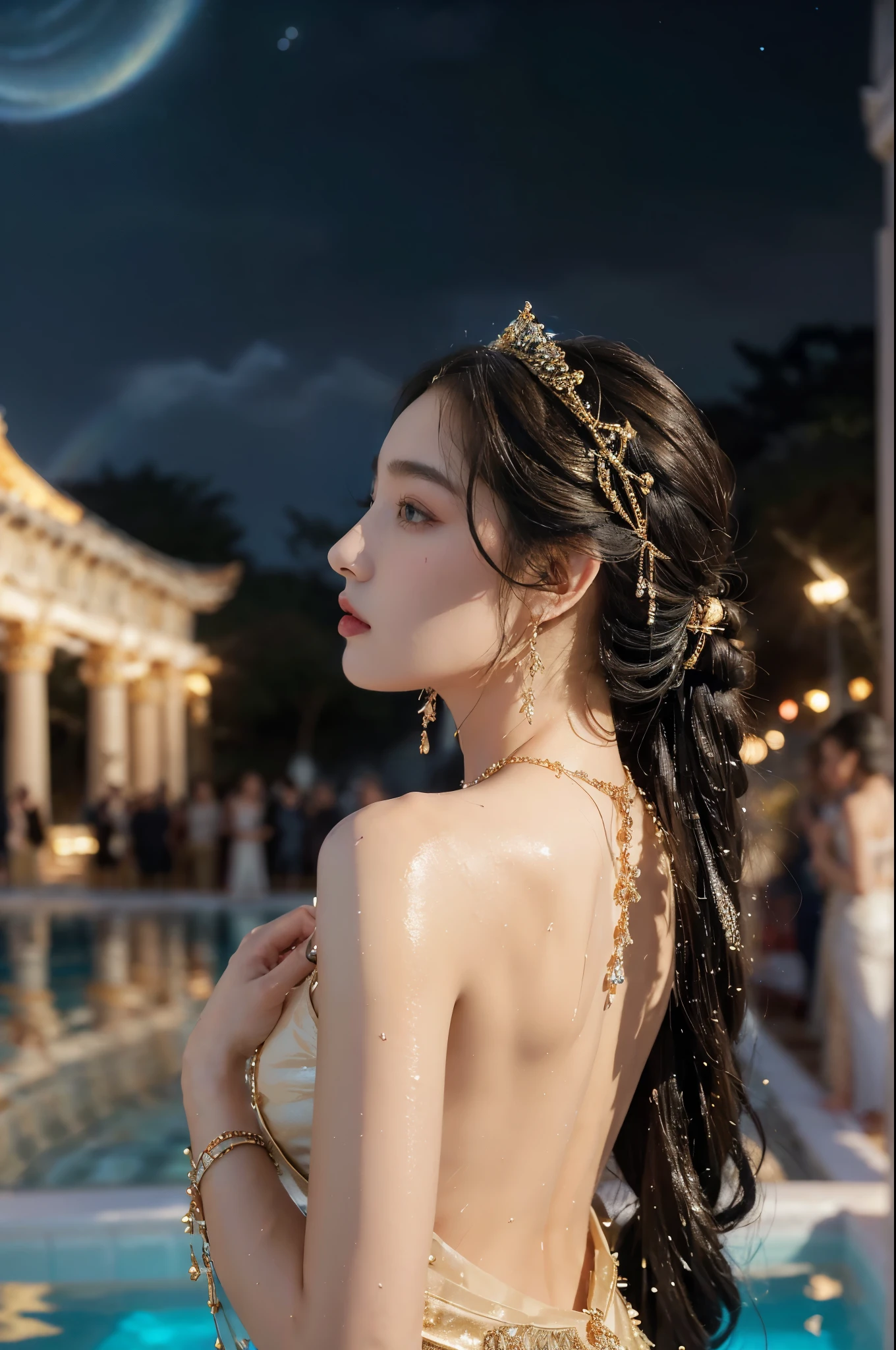 (((best quality))),(((ultra detailed))),(((masterpiece))),illustration,((1 beautiful girl,ancient greek princess,solo)),((earrings,crystal necklace)),(((sweat,wet,shiny skin))),((slim,thin)),((bare back,towering hips,butt crack)),(Gorgeous sheer dress:1.3),(((luxurious pool,grand temple,starry night sky))),summer,radiant complexion,(shoulder length straight hair:1.2),graceful,intricate patterns,embellishments,shimmering fabric,rainbow colors,gentle waves,fragrant oils,lush plants,elegant columns,serene ambiance,(surrounded by crowded crowds of attendants:1.3),ritual of cleansing,opulence,tranquility,solitude,busy life,timeless,enchanting image,essence of ancient greece,((from back,upper body))