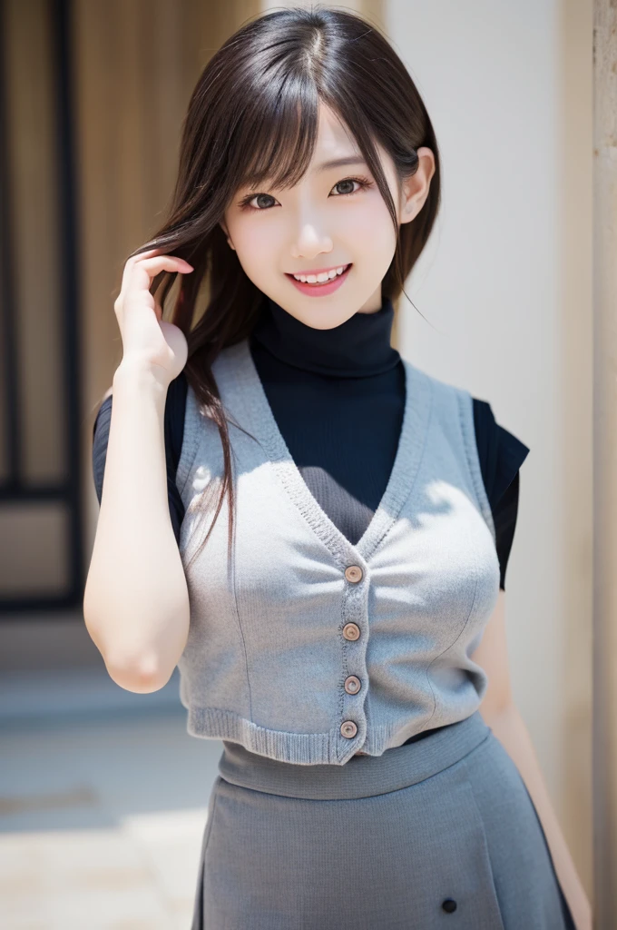 Standing next to a wall、Korean beauty 20 years old、(8k, RAW Photos, 最high quality, masterpiece: 1.2), High-quality RAW color photos, Professional photo shoot, Cinematic Light, alone,)、 (Sharp features),  (Skin with attention to detail: 1.2), clavicle, Cute Face, Beautiful appearance, Clean your eyelashes,  (Beautiful breasts), (Slim figure:1.4), Very detailed顔と肌の質感,  looking at the camera, Place your hands behind your back, ((Shortcuts, Wavy Hair)), ((Open your mouth and laugh:1.2)), Big Breasts, Normal hip joint, Cowboy Shot, (((Turtleneck knit:1.5, Grey vest, Black culotte skirt:1.2))), Backstreets, Leaning against a wall, Smooth texture, Gazing Eyes, Beautiful Skin, Glowing Skin, Perfect Fingers, Five Fingers, Anatomically correct, Background blur, high quality, Surreal, Bright colors, ((Very detailed, photo shoot)),