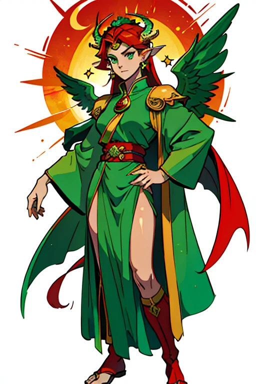 guardian dragon woman, priestess of fire who controls and creates stars, clothes with lots of hanging veils and lots of fabric, with green eyes, red and green horns, his long red hair with green tips or roots with moths in his full body hair and large dragon wings. e outro par de asas de anjo guardian dragon woman que controla e cria estrelas, roupas com muitos veus pinturado with green eyes, chifres vermelho e seu grande cabelos ruivo com traças no cabelo de corpo inteiro e grande assas woman celestial cosmic powers to control stars and sun star symbols red color hair and green and red clothes with flip flops, shiny star earring, a green jade stone on the forehead to control stars and sun symbols of star and veil that will come a pair of golden angel wings and another pair of dragon wings a golden veil passing over the top of your body, woman celestial cosmic powers to control stars and sun star symbols red color hair and green and red clothes with flip flops, shiny star earring, a green jade stone on the forehead to control stars and sun symbols of star and veil that will come 4 pair of golden angel wings and another pair of wings priestess of fire with horns and large angel wings green and red clothes with military dragon boots guardian dragon that controls and creates stars, roupas com muito tecido pendurado with green eyes, red horns and his big red hair with moths in his hair all over his body and big angel wings and details of stars on his legs and a jade stone in the middle of his forehead