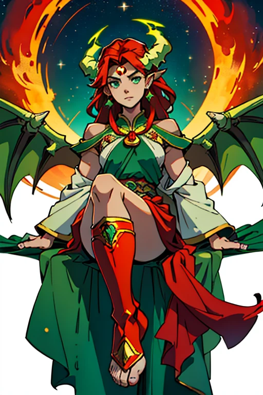 guardian dragon woman, priestess of fire who controls and creates stars, clothes with lots of hanging veils and lots of fabric, with green eyes, red and green horns, his long red hair with green tips or roots with moths in his full body hair and large dragon wings. e outro par de asas de anjo guardian dragon woman que controla e cria estrelas, roupas com muitos veus pinturado with green eyes, chifres vermelho e seu grande cabelos ruivo com traças no cabelo de corpo inteiro e grande assas woman celestial cosmic powers to control stars and sun star symbols red color hair and green and red clothes with flip flops, shiny star earring, a green jade stone on the forehead to control stars and sun symbols of star and veil that will come a pair of golden angel wings and another pair of dragon wings a golden veil passing over the top of your body, woman celestial cosmic powers to control stars and sun star symbols red color hair and green and red clothes with flip flops, shiny star earring, a green jade stone on the forehead to control stars and sun symbols of star and veil that will come 4 pair of golden angel wings and another pair of wings priestess of fire with horns and large angel wings green and red clothes with military dragon boots guardian dragon that controls and creates stars, roupas com muito tecido pendurado with green eyes, red horns and his big red hair with moths in his hair all over his body and big angel wings and details of stars on his legs and a jade stone in the middle of his forehead