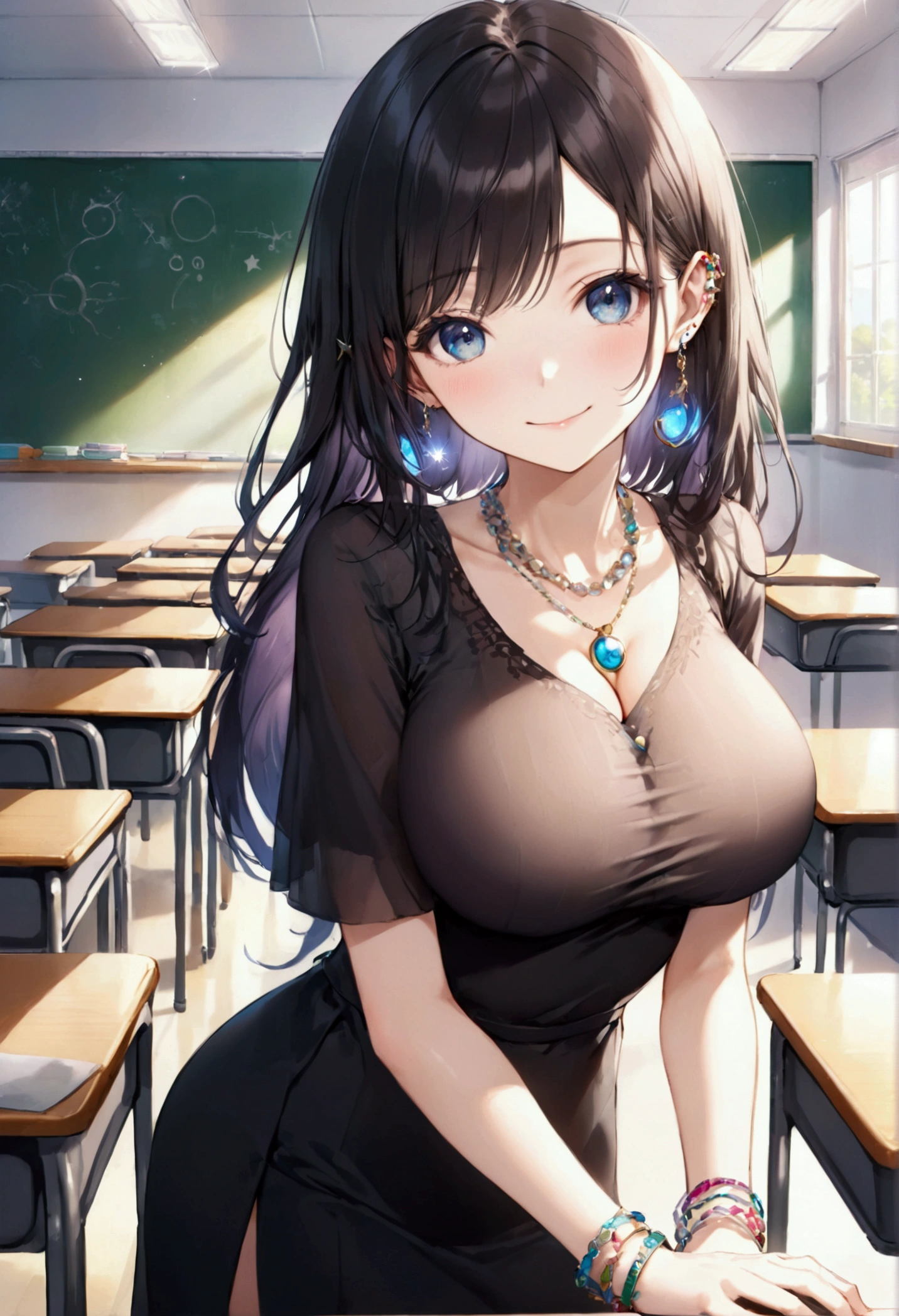 (Highest quality, 8k, 32K, masterpiece, Ultra-high resolution,:1.2),to be born, One Girl,So cute , classroom, A fantasy background reminiscent of an electronic world, clear, Shining Eyes, Age 25 ,Fair skin, Black Hair Girl, , Long Hair, An innocent smile, Pierced ears sparkle, An elegant necklace adorns her slender neck., Rings and bracelets decorate the fingers. expensive_Big Breasts, Big Breasts, Classroom, high school