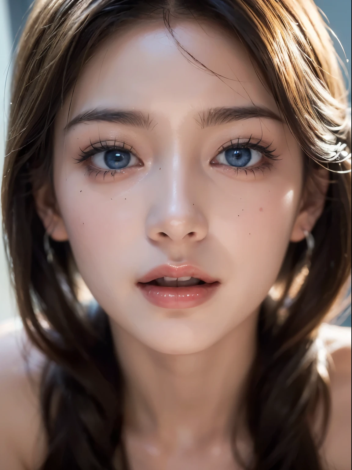 ((8k, top quality, masterpiece, Super high resolution, realistic:1.5)), 1 girl,  19, Look up at the viewer, Complete dynamic configuration, Highly detailed eye and face textures:1.3, fair skin, (beautiful blue eyes, erotic eyes:1,5), (face feeling ecstasy:1.5, sexy face:1.5), A texture that feels beautiful Eros:1.4, The facial expression when you feel like you are being stroked harshly:1.4, Facial expression when receiving joy:1.4, An expression of joy:1.4, (sharp focus, movie lights), Show only the face, (((so erotic)))