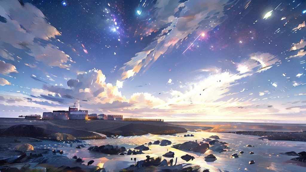 Skyline,night sky,Very wonderful rendering,Best Rendering,The finest details,Dream,wonderful,rich and colorful,8k resolution,Maximum resolution,universe,actor,landscape,landscapeArt,night,dark，City landscape below，Brightly lit，A silver-haired girl sits on the roof and looks into the distance，There are shooting stars in the sky，Highlight Meteor，Very dark