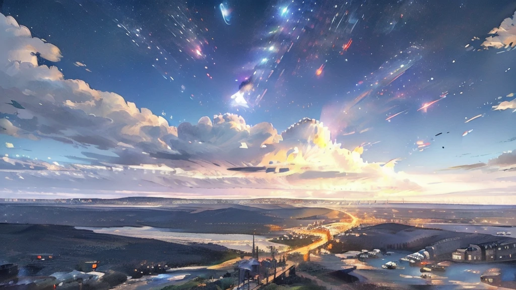 Skyline,night sky,Very wonderful rendering,Best Rendering,The finest details,Dream,wonderful,rich and colorful,8k resolution,Maximum resolution,universe,actor,landscape,landscapeArt,night,dark，City landscape below，Brightly lit，A silver-haired girl sits on the roof and looks into the distance，There are shooting stars in the sky，Highlight Meteor，Very dark