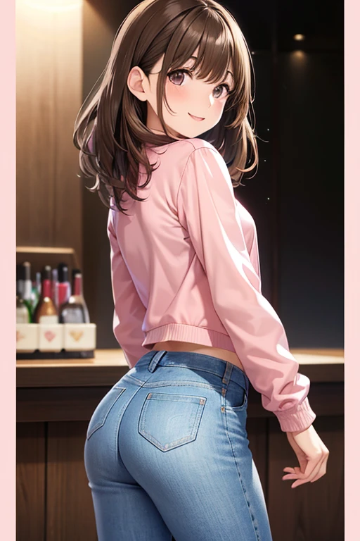 anegasaki nene、Shiny brown hair, short hair, (Beautiful brown eyes、Sparkling eyes, Fine grain)、smile、Ultra-detailed eyes、Highly detailed face, Highly detailed eyes,

Highest quality, High resolution,

One girl, Blonde, Wavy Hair,  Vivid eyes, Red lipstick, smile, An athletic body,
 Small breasts, ((feet)), jeans, (((Pink tops))), ((Pink jacket)), Rear view, Hips, (((Shot in the back)))