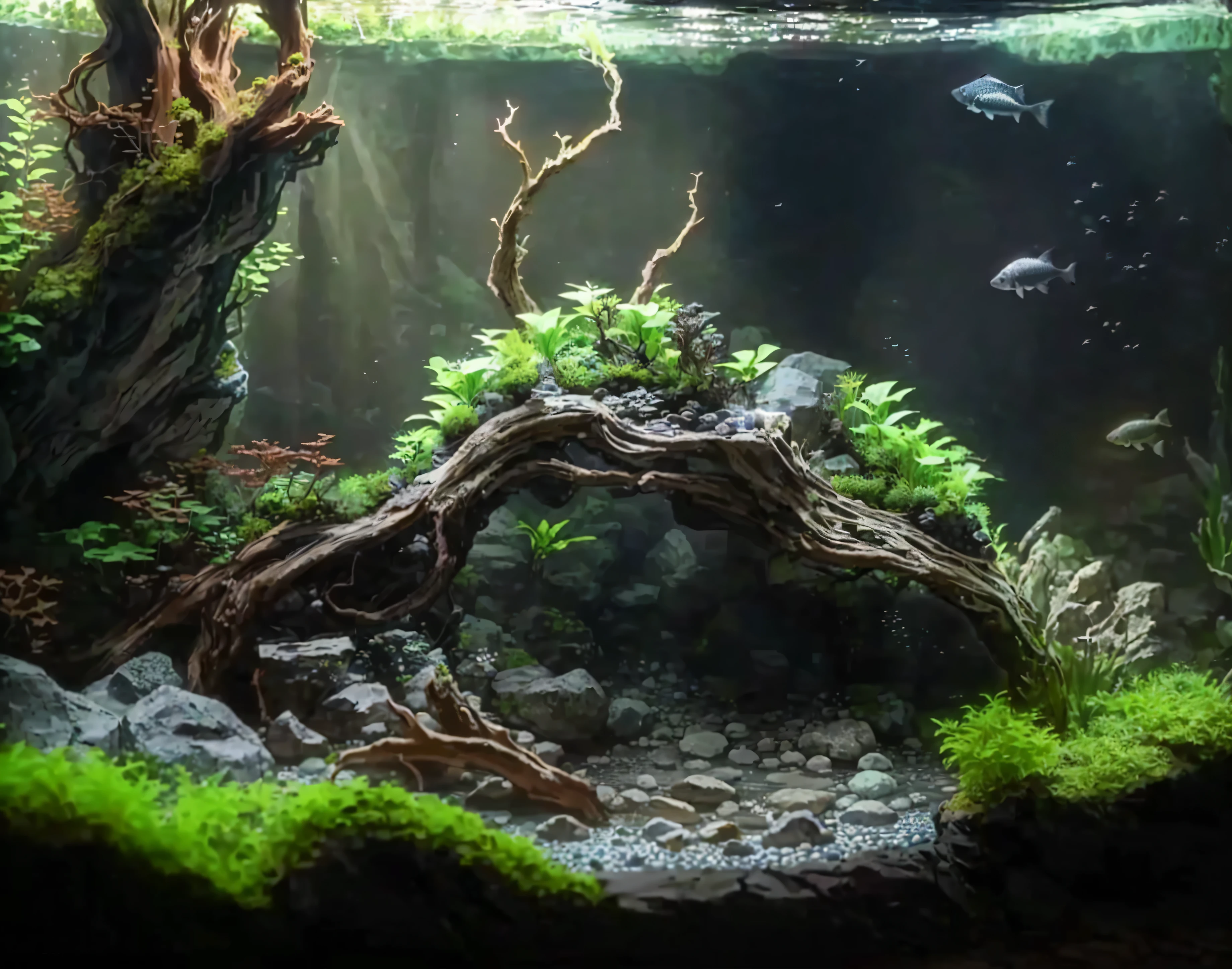 There is a fish tank,There is a mossy tree and rocks inside, Rock group aquascape, nice environment, overwhelming depth and detail, Nice dark color, Beautiful and detailed scenes, Magical environment, incredible depth, beautiful!, River with low hanging plants, Peaceful environment, Drying the Aquarium, relaxing environment, Peaceful environment, Exquisite and detailed, Amazing depth, comfortable environment