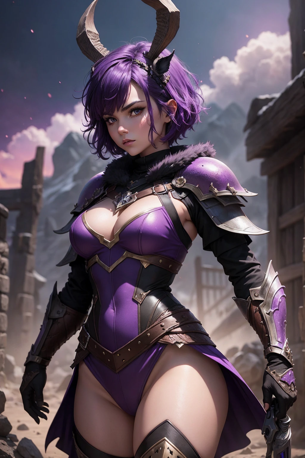 Night jackalope, Purple Short Hair, Jackalope horns, Dark Armor(masterpiece, Highest quality) Woman warrior