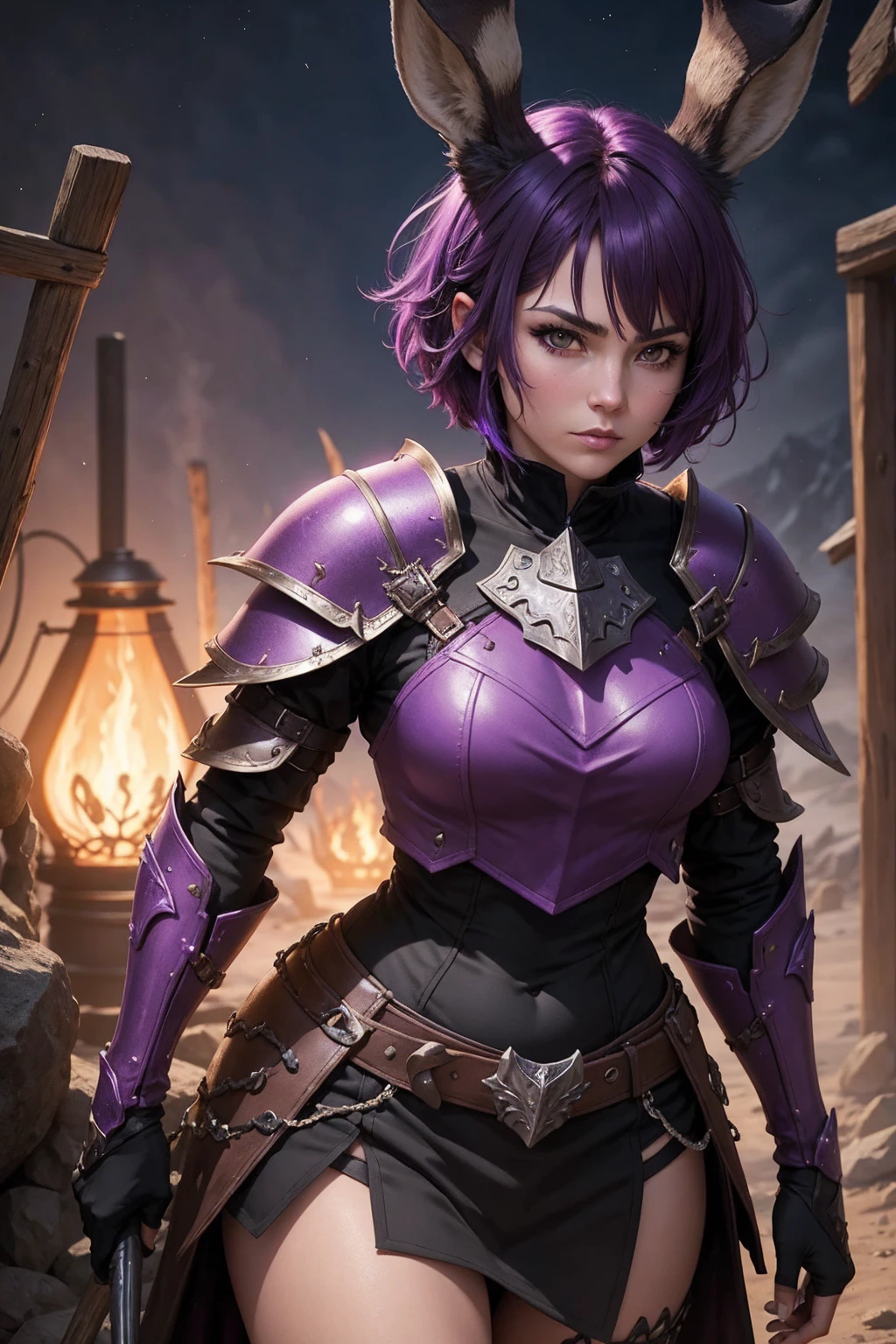 Night jackalope, Purple Short Hair, Jackalope horns, Dark Armor(masterpiece, Highest quality) Woman warrior