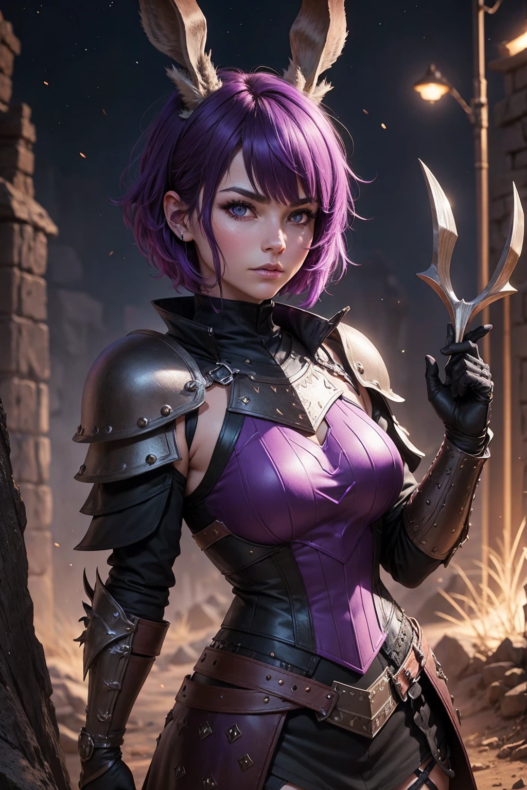 Night jackalope, Purple Short Hair, Jackalope horns, Dark Armor(masterpiece, Highest quality) Woman warrior