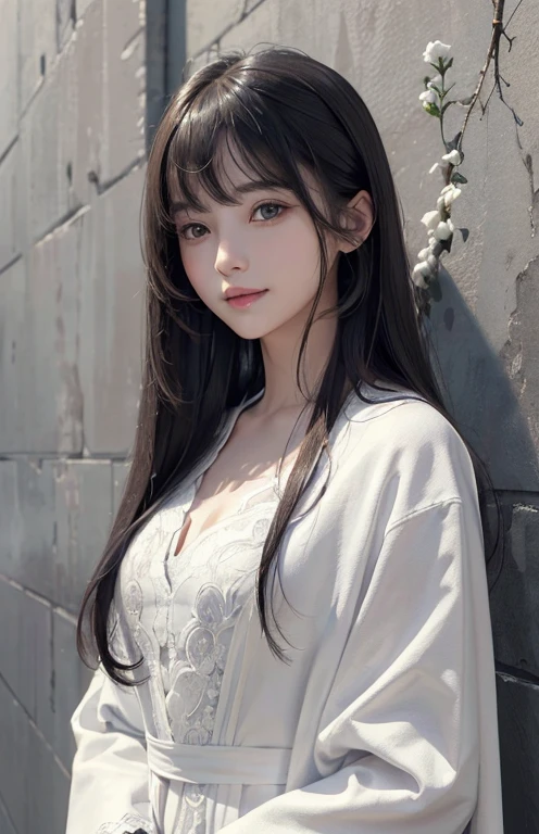 (A hyper-realistic)、(illustratio)、(hight resolution)、(8k)、(ighly detailed)、(Best Illustration)、(beautifully detailed eyes)、(top-quality)、(Ultra-detail)、(masterpiece)、(wall-paper)、(A detailed face)、solo、1 girl in、looking at viewert、fine detailed、A detailed face、Dressed in a white coat、White clothes、deep-shadows、lowkey、pureerosfaceace_v1、A smile、long、Black shawl straight hair、46-point diagonal bangs