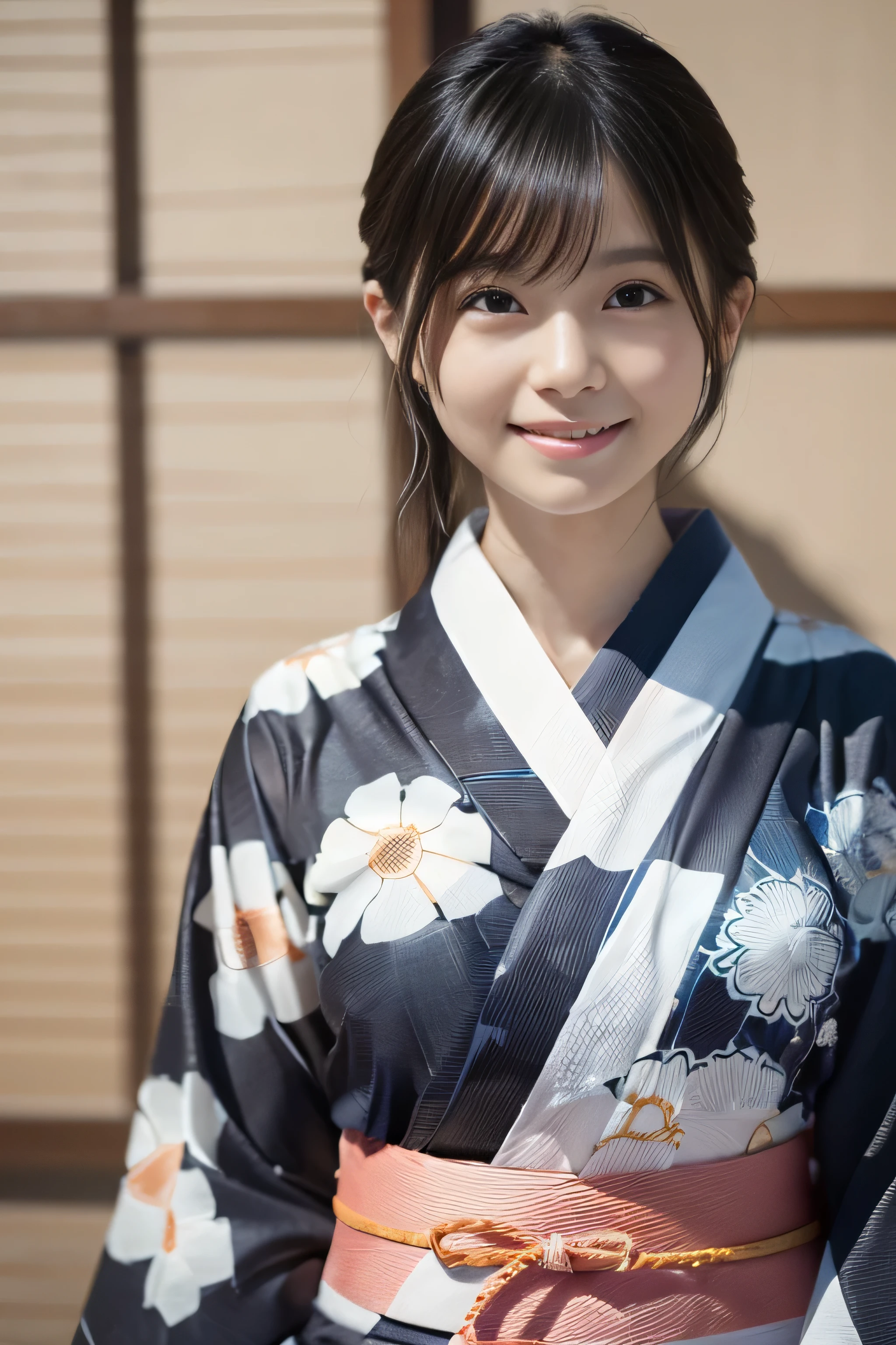 (A yukata made of thin fabric with a simple pattern:1.4)、(Simple obi:1.4), ((14 years old))、Random Pause、(Highest quality,masterpiece:1.3,Ultra-high resolution,),(Very detailedな,Caustics),(Photorealistic:1.4,RAW shooting,)Ultra-Realistic Capture,Very detailed,High resolution 16K human skin closeup、 Natural skin texture、、Skin tone is even and healthy looking、 Use natural light and colour,1 girl,Japanese,cute,Black-haired,Medium Straight Hair, (Huge bust:1.4), smile,,(Written boundary depth、chromatic aberration、、Wide range of lighting、Natural Shading、)、(Kimono with open front),