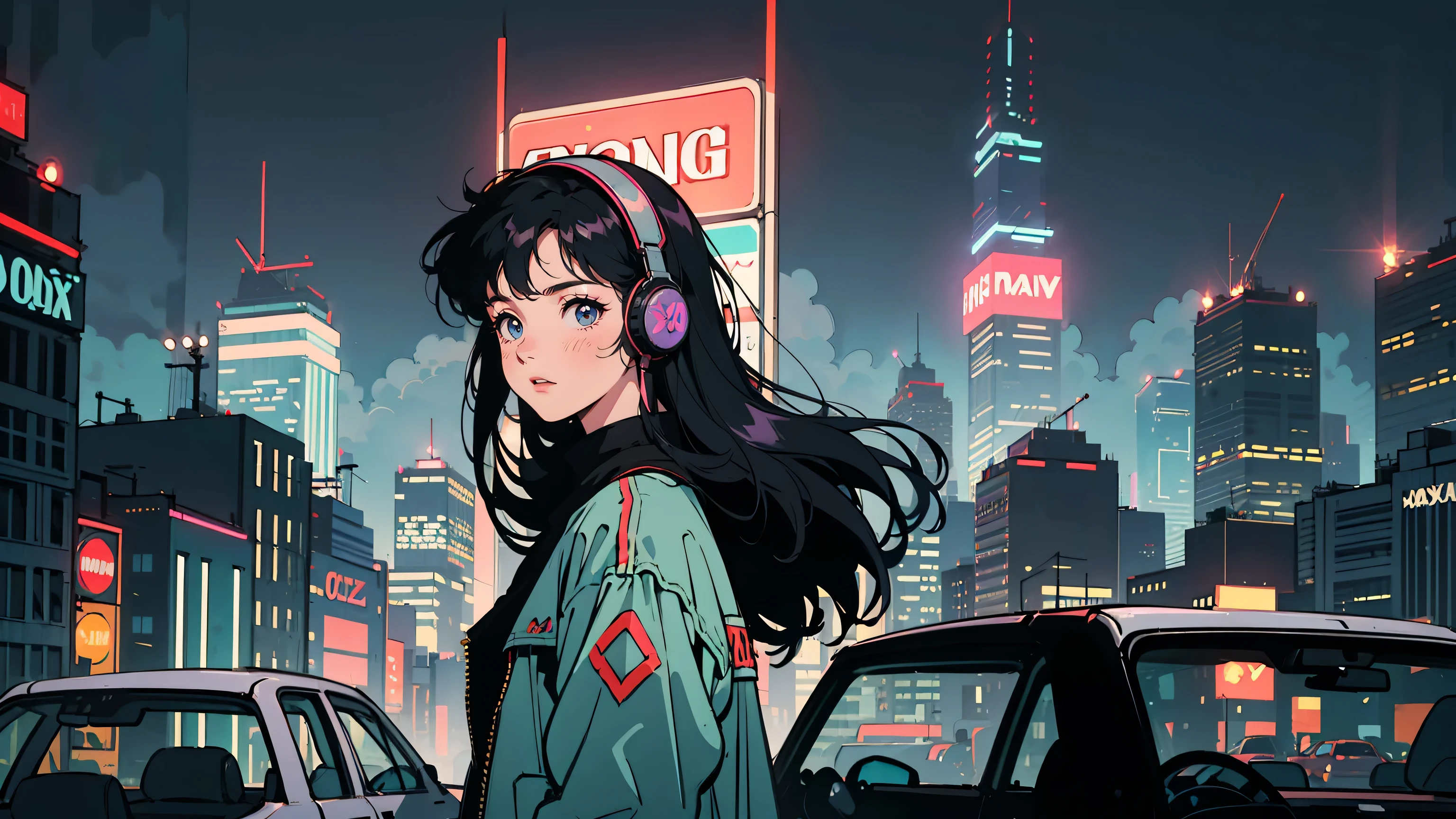 A rainy night in a neon-lit cyberpunk city, a 21-year-old woman with long hair in a vintage leather jacket stands at a crosswalk, her noise-canceling headphones tuned into a world of her own. She gazes at viewers, her expression a mix of wonder and melancholy. Around her, sleek vehicles glide past, neon signs flicker, and skyscrapers pierce the purple-blue sky. Despite the bustling city, she stands alone, caught between the past and the future.