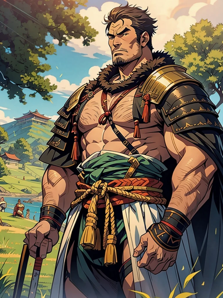 Sengoku period　samurai　male　middle aged　Muscular　Giant　grassland