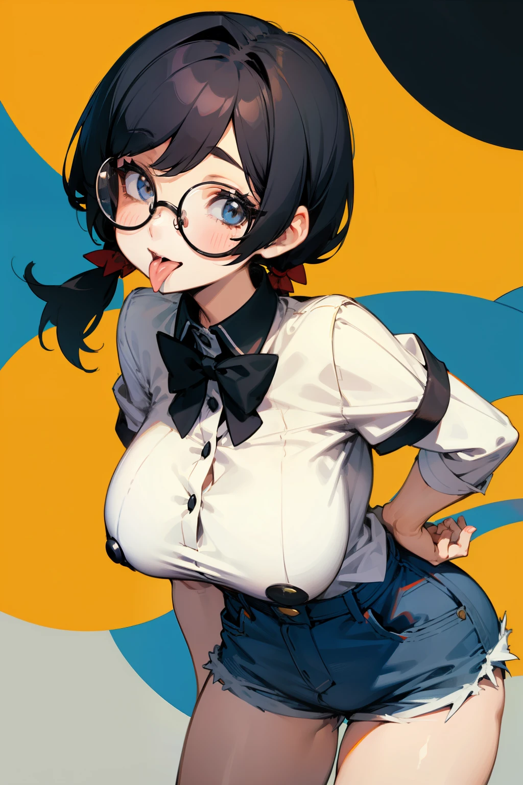 Cute girl, short black hair, pigtails, Round glasses, tongue out of mouth, big tits, short shorts