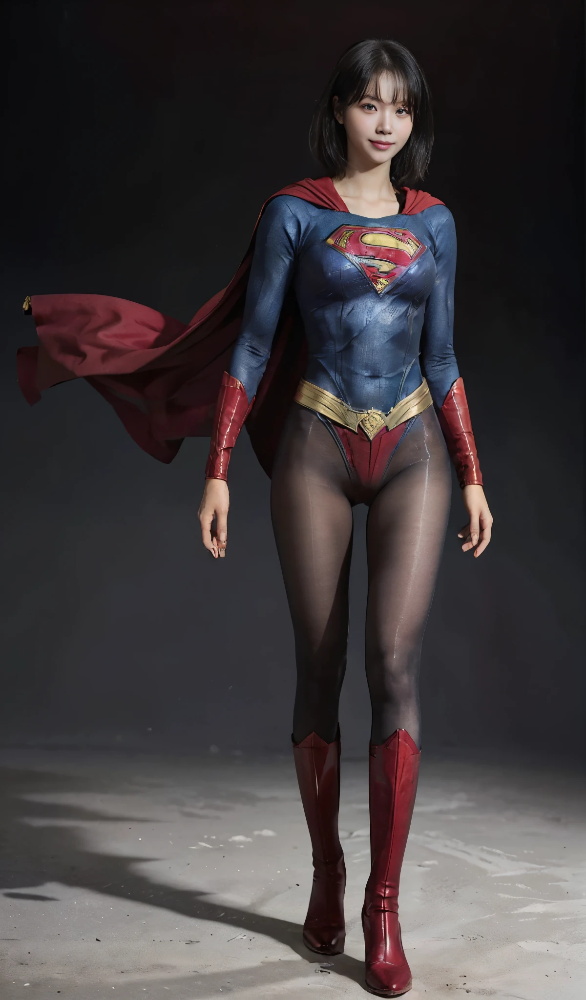 No background、(((Beautiful legs in black tights.)))、(((Legally express the beauty of your smile)))、((((Make the most of your original images)))、(((Supergirl Costume)))、(((Beautiful short bob hair)))、(((suffering)))、(((Please wear black tights....、Wear red boots)))、((Best image quality、8k))、((Highest quality、8k、masterpiece:1.3))、(((Preserve background )))、Sharp focus:1.2、Beautiful woman with perfect figure:1.4、Slim Abs:1.2、Wet body:1.5、Highly detailed face and skin texture、8k