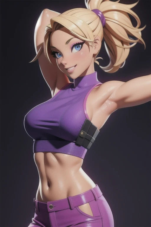 masterpiece, best quality,3d rending work ,3DMM style 3D,1african American girl, solo, realistic, (simple background), makeup, perfect lighting, seductive look, seductive smile, smile, yamanaka ino blonde hair, pony tail, blue eyes,  purple clothes, sleeveless, armpits, midriff, sexy tummy,  detailed skin, realistic skin texture, sweaty skin, skin pores,