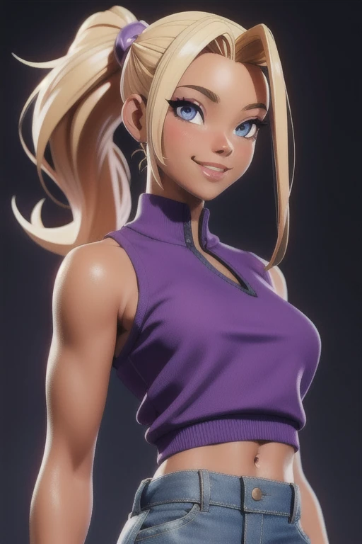 masterpiece, best quality,3d rending work ,3DMM style 3D,1african American girl, solo, realistic, (simple background), makeup, perfect lighting, seductive look, seductive smile, smile, yamanaka ino blonde hair, pony tail, blue eyes, purple clothes, sleeveless, armpits, midriff, sexy tummy, detailed skin, realistic skin texture, sweaty skin, skin pores,