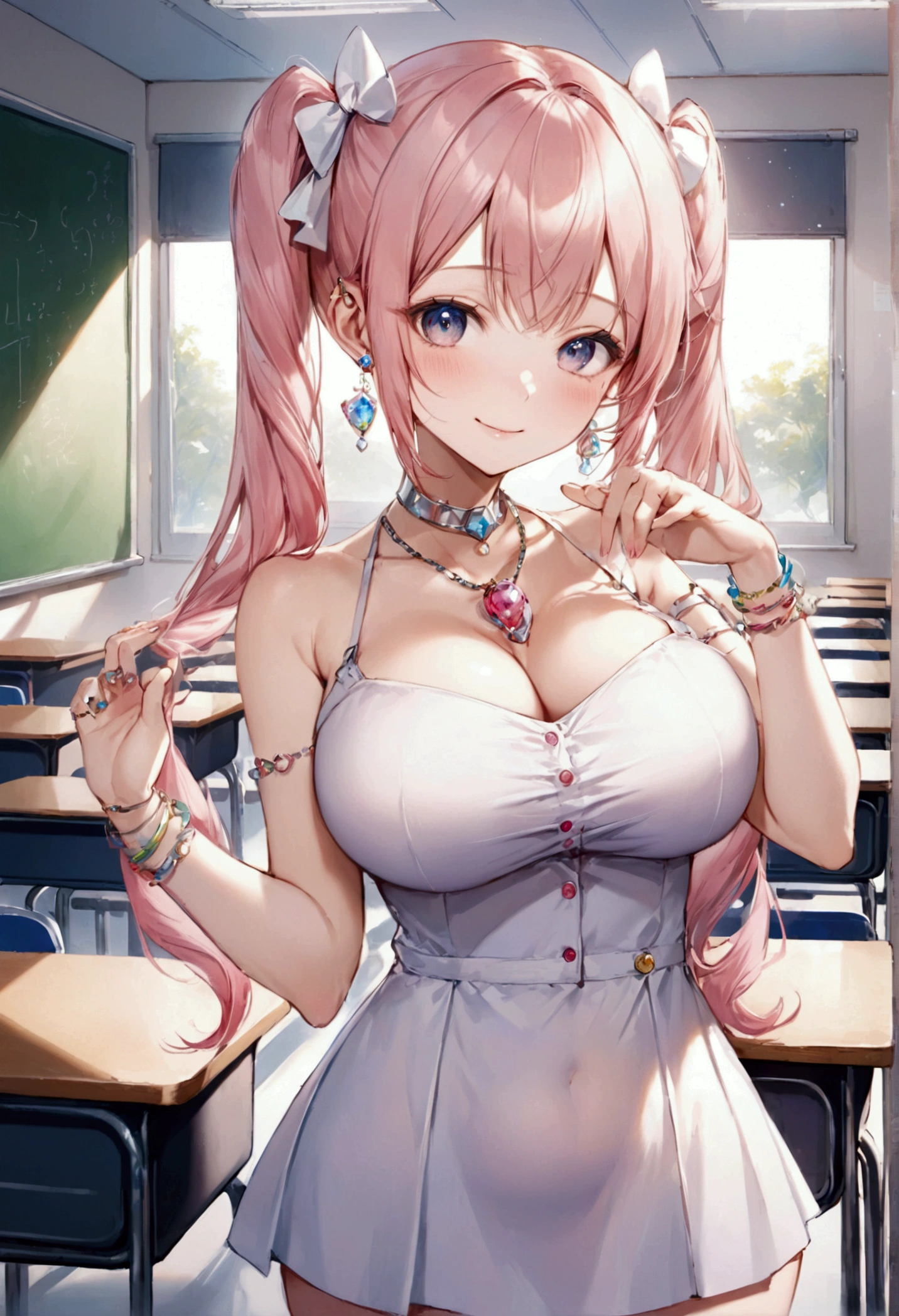 (Highest quality, 8k, 32K, masterpiece, Ultra-high resolution,:1.2),to be born, One Girl,So cute , classroom, A fantasy background reminiscent of an electronic world, clear, Shining Eyes, Age 25 ,Fair skin, Pink Haired Girl, , Long Hair, An innocent smile, Pierced ears sparkle, An elegant necklace adorns her slender neck., Rings and bracelets decorate the fingers. expensive_Big Breasts, Big Breasts, Classroom, high school, Twin tails