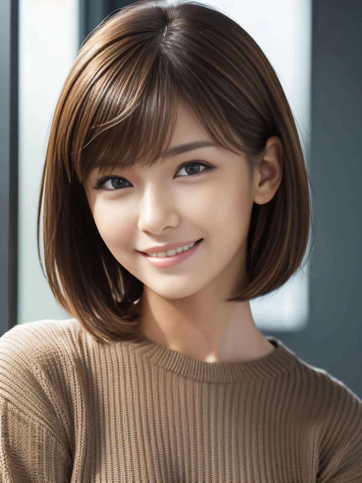 masterpiece, best quality, ultra-detailed, intricately detailed hyperdetailed, realistic, sharp features, highly detailed, sharp focus, Realistic, Photorealistic:1.3, (17 years old:1.3), perfect face, perfect symmetrically eyes, perfect full lips, hyper detailed, hyper realistic, high resolution, Fashion Model, Japanese Idol, Slender, brown hair, Stylish, model poses, Beautiful Face, light brown hair, short hair, asymmetrical bangs, (grin:1.2), (looking at viewer), cinematic lighting, grey background, (Black knit:1.2), portrait