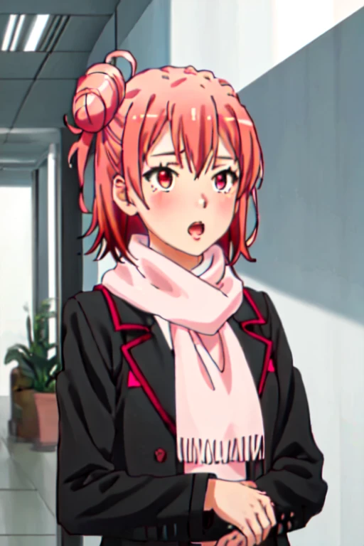 best quality, masterpiece, highres, solo, {yuigahama_yui_yahariorenoseishunlovecomewamachigatteiru:1.15}, short_hair, pink_hair, hair_bun, single_hair_bun, blush, 1girl, red_eyes, bangs, scarf, hair_between_eyes, open_mouth, upper_body, plaid