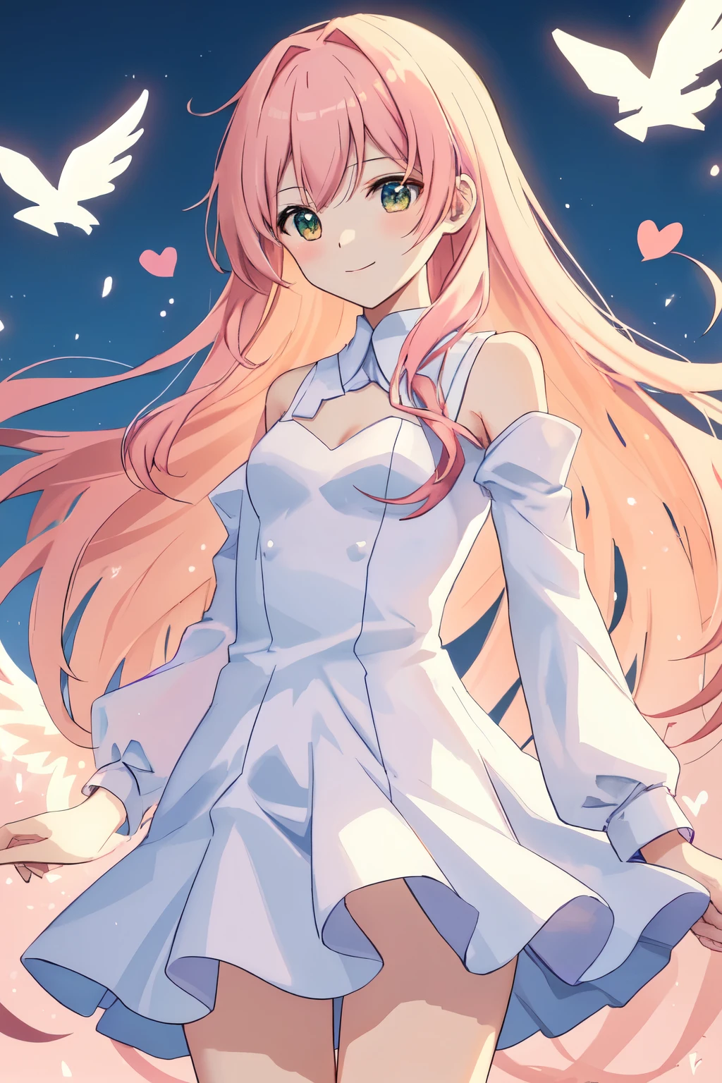 1_girl, (anime, kawai:2), (masterpeice, best_quality, clean:1.5), (sky_background:1.2), (cute, cute_smile, wholesome, young:1.8), (delicate, extremely_delicate, beautiful, thin:1.5), (girlfriend, angel:1.8), (green_eyes, simple_eyes:1.8) (long_hair, blond_hair:1.8), (combat:1.2), (wearing_pink_dress, pink_angel_wings:1.8), (combat:1.2), extremely_delicate, (love_magic:1.5), (age_size_fits_body), (small_thighs:1.3), (breasts), (eye_level:1.3), (heart_magic, love:1.5), (warm:1.8), (folded_legs:1.5)