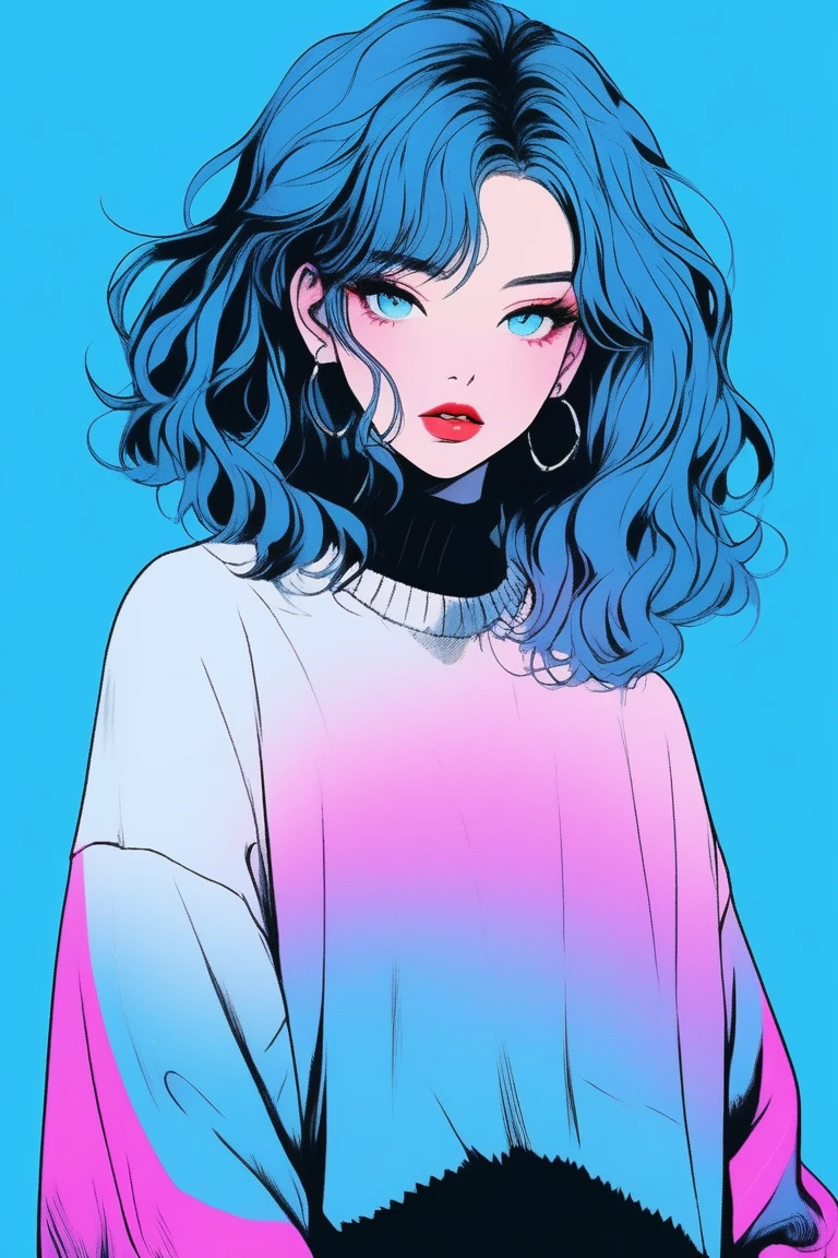 (Highest quality, sketch:1.2),Realistic,Illustrator,anime,1 girl, Detailed lips,sweater,custom,Blue gradient background,Neon Hair,Texture Cropping,Canadian, masterpiece, Style: Retro Classic, Dark Black