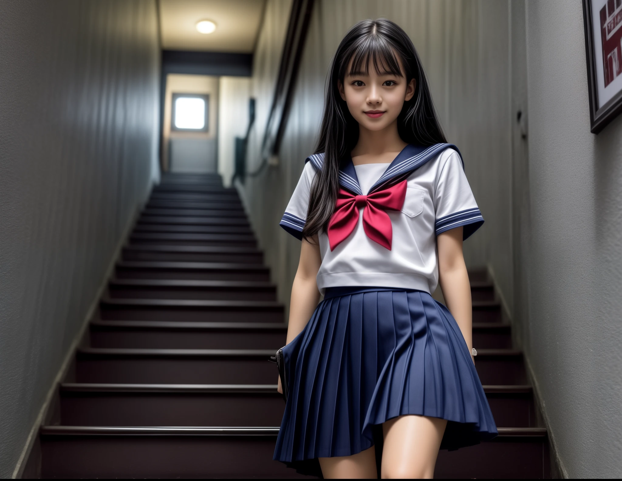 1girl, 18yo school girl, sailor uniform, climbing stairs, looking at viewer, smiling, view from below, (masterpiece, 8k, best quality:1.2), photorealistic, hyper detailed, cinematic lighting, vibrant colors, natural skin tones, intricate details, flawless rendering, sharp focus