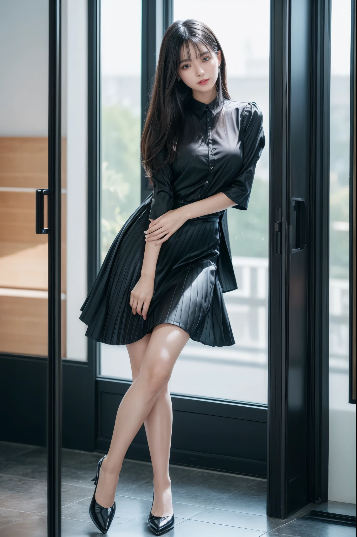((Best image quality、8k、masterpiece:1.3))、Realistic high-quality photos、Highest quality、Beautiful and elegant face and eyes、Black Hair、Shiny Hair、 OL、Wearing a short-sleeved blouse、Wear a long skirt、Full Body Shot、Well-balanced proportions、Anatomically correct body、