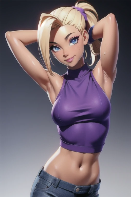 masterpiece, best quality,3d rending work ,3DMM style 3D,1african American girl, solo, realistic, (simple background), makeup, perfect lighting, seductive look, seductive smile, smile, yamanaka ino blonde hair, pony tail, blue eyes, purple clothes, sleeveless, armpits, midriff, sexy tummy, detailed skin, realistic skin texture, sweaty skin, skin pores,