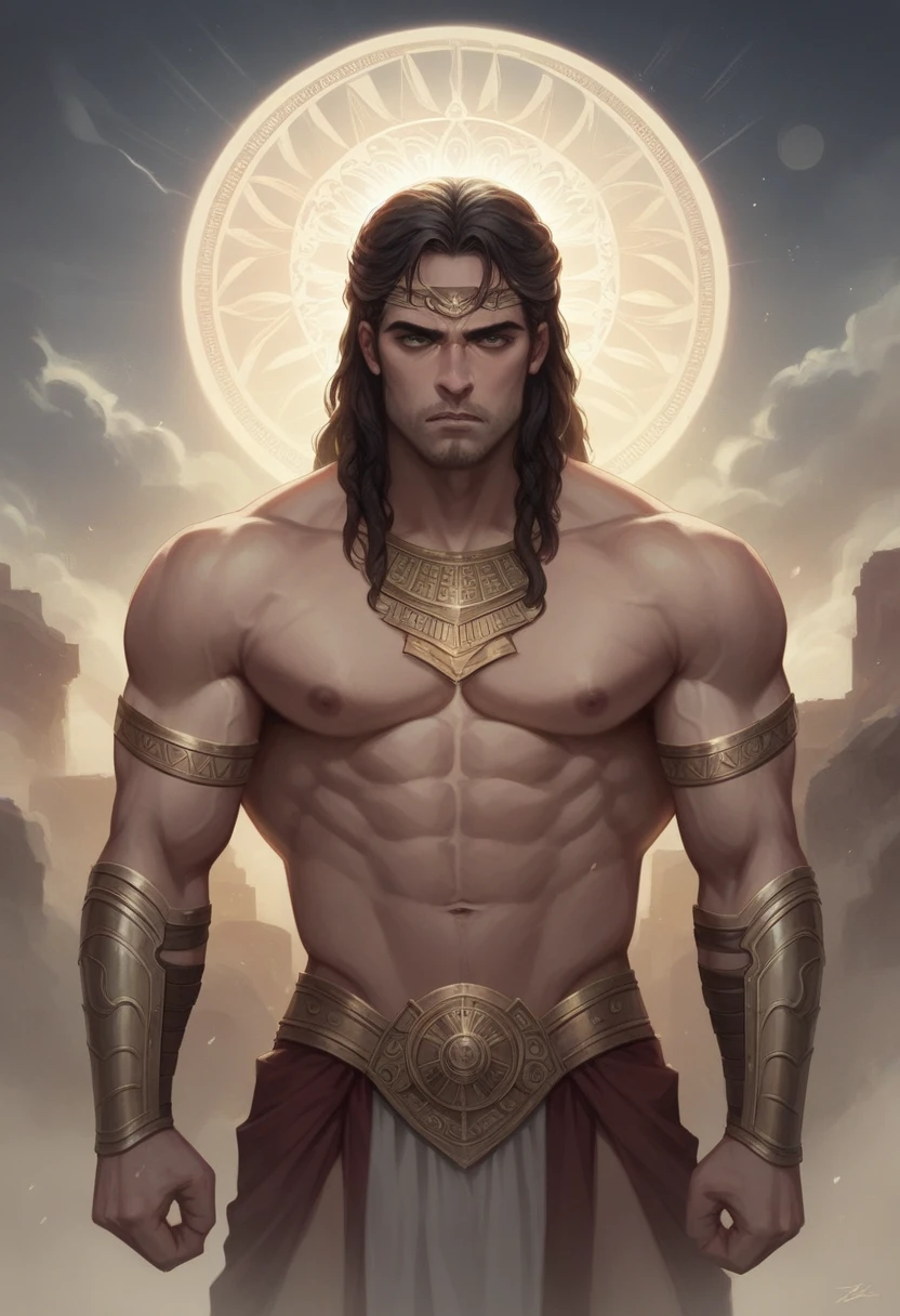 Zeus is at the center of the action, cinematic light, realistic images, Zeus wears modern armor, Zeus is heroic in the middle of a devastated city, Zeus emanates energy from electric rays, we can see other gods in the background following zeus