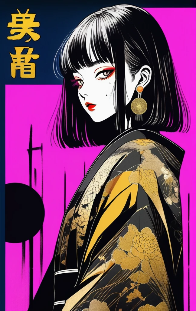 (best quality, sketch:1.2),realistic,illustrator,anime,1 girl, detailed lips, kimono,custom, black and gold gradient background,neon hair,textured cropping, masterpiece, style retro classic, noir style 、An illustration、art、70s horror movie posters, Supervised by Junji Ito、High detail, Realistic Shadows、Analog Style, chromatic aberration, Surrealism、Complementary Gradient