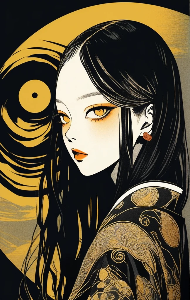 (best quality, sketch:1.2),realistic,illustrator,anime,1 girl, detailed lips, kimono,custom, black and gold gradient background,neon hair,textured cropping, masterpiece, style retro classic, noir style 、An illustration、art、70s horror movie posters, Supervised by Junji Ito、High detail, Realistic Shadows、Analog Style, chromatic aberration, Surrealism、Complementary Gradient