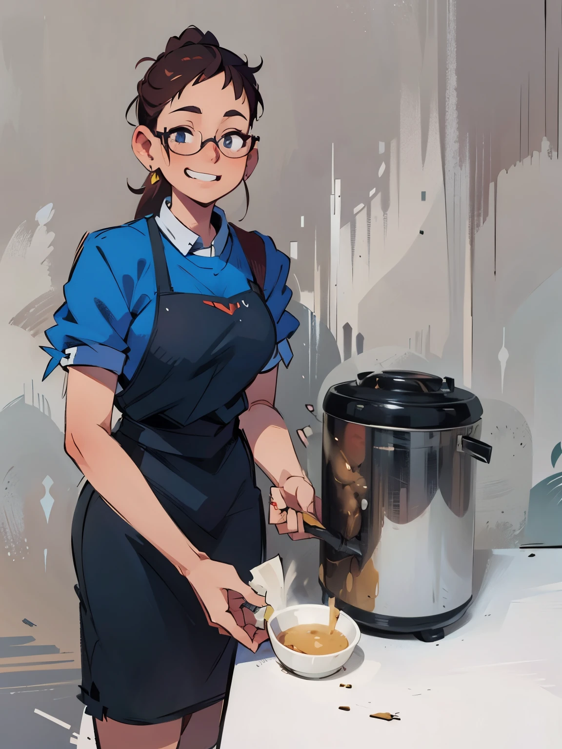 realistic, masterpiece, highest quality, (fine eyes), one high school girl, medium breasts, eyeglasses, Sweat, night, outdoors, lively restaurant, grin and laugh, wet face, wet body, ponytail, earrings, white apron, Puffy short sleeves, small tray, central opening,