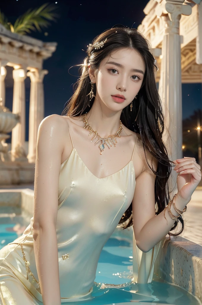 (((best quality))),(((ultra detailed))),(((masterpiece))),illustration,((1 beautiful girl,ancient greek princess,solo)),((earrings,crystal necklace)),(((sweat,wet,shiny skin))),((slim,thin)),((small breasts,flat chest)),(Gorgeous sheer dress:1.3),(slender legs:1.2),(((luxurious pool,grand temple,starry night sky))),summer,radiant complexion,(shoulder length straight hair:1.2),graceful,intricate patterns,embellishments,shimmering fabric,rainbow colors,gentle waves,fragrant oils,lush plants,elegant columns,serene ambiance,(surrounded by crowded crowds of attendants:1.3),ritual of cleansing,opulence,tranquility,solitude,busy life,timeless,enchanting image,essence of ancient greece,((from front,upper body))