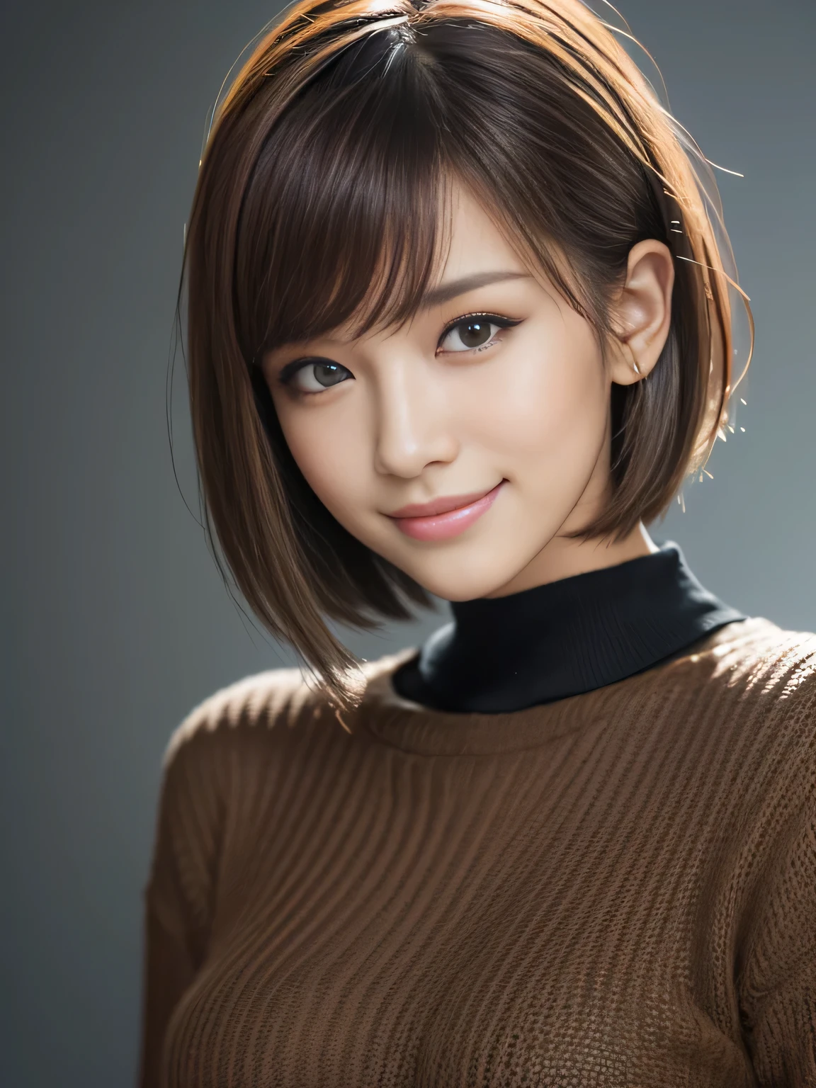 masterpiece, best quality, ultra-detailed, intricately detailed hyperdetailed, realistic, sharp features, highly detailed, sharp focus, Realistic, Photorealistic:1.3, (:1.3), perfect face, perfect symmetrically eyes, perfect full lips, hyper detailed, hyper realistic, high resolution, Fashion Model, Japanese Idol, Slender, brown hair, Stylish, model poses, Beautiful Face, light brown hair, short hair, asymmetrical bangs, (grin:1.2), (looking at viewer), cinematic lighting, grey background, (Black knit:1.2), portrait