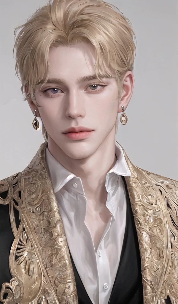 Solo, portrait, earrings, solo,lips, Man. 25 years. King. Royal clothes. Very Tall, muscular and very handsome. 195cm (height). Golden blonde hair and golden eye color. Bright skin.