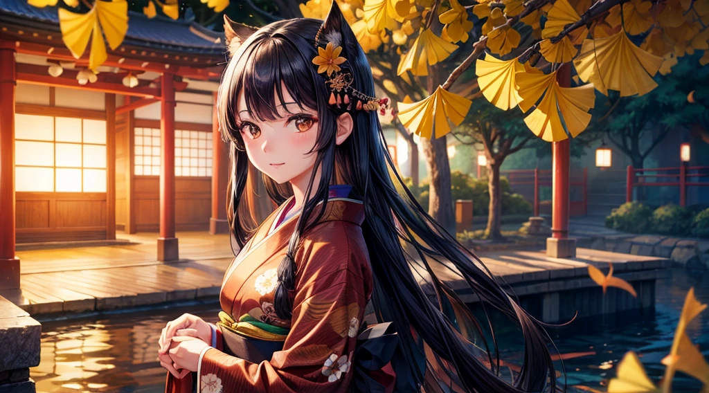 One girl, Long black hair, Brown eyes, Wearing a beautiful Japanese kimono, Gingko tree, Japanese Festivals,night,High resolution, Super sharp, 8k, masterpiece, View your viewers