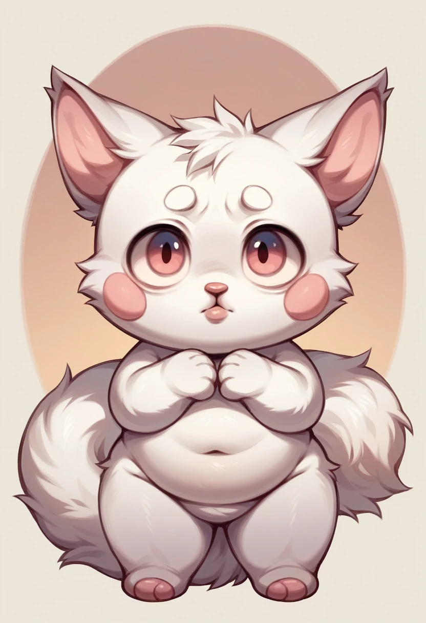 An anthropomorphic male Ragdoll cat. Semi-long fluffy white fur, soft and silky all over your skin and body, head and face, its soft and rounded fluffy snout, his entire plush body, your regular triangle body, and its pink pads as well as its nose and lips, her lips are soft and rounded, Ears wide at the base, medium size. chubby cheeks. It has a long thick tail with long fur, his big eyes, light blue with dilated pupils, his voice, and 1.60 cm tall