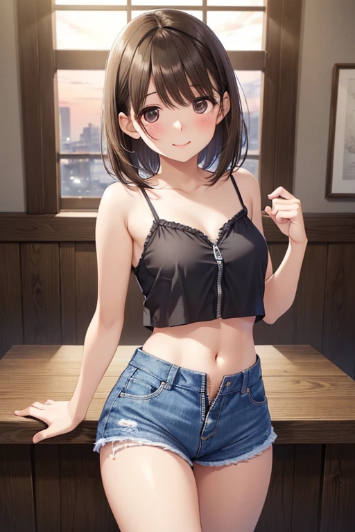 anegasaki nene、Shiny brown hair, short hair, (Beautiful brown eyes、Sparkling eyes, Fine grain)、smile、Ultra-detailed eyes、Highly detailed face, Highly detailed eyes,

最high quality, High resolution,

Tabletop, high quality, Young and pretty girl, Very short stature，Flat Chest，Distressed low-leg denim shorts，Camisole with visible nipples, indoor, summer night，Beautiful sunset，Dark Room，恍惚とした状態での恥ずかしそうなsmile，blush，(Always open fly:1.2)，(The cute crack of a woman whose zipper is always half open:1.2)，