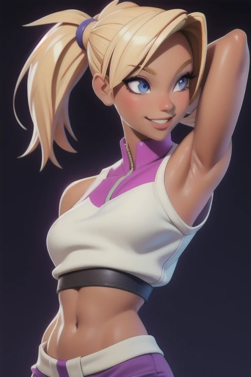masterpiece, best quality,3d rending work ,3DMM style 3D,1african American girl, solo, realistic, (simple background), makeup, perfect lighting, seductive look, seductive smile, smile, yamanaka ino blonde hair, pony tail, blue eyes,  purple clothes, sleeveless, armpits, midriff, sexy tummy,  detailed skin, realistic skin texture, sweaty skin, skin pores,
