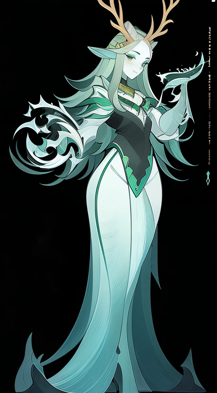 1 girl，Druid，green，antlers，Standing full body，solo，Clear facial features，Clean lines design，Transparent black background，Character portrait，Fantasy concept art，(masterpiece，Top quantity，Best quality，Ultra-high resolution，Clear facial features，beautiful eyes，Beautiful face)，(((solo))), ((very simple background)), ((Flat color))