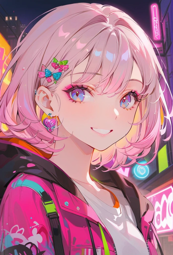 Detailed background, masterpiece, best quality, Smile, Decorations, hood, portrait, Neon Pink, Graffiti, dark, night, Bright Eyes, Purple Light