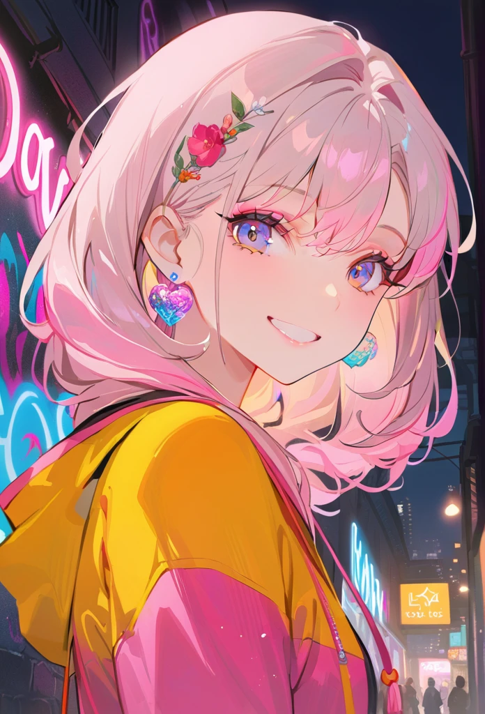 Detailed background, masterpiece, best quality, Smile, Decorations, hood, portrait, Neon Pink, Graffiti, dark, night, Bright Eyes, Purple Light