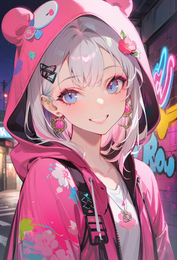 Detailed background, masterpiece, best quality, Smile, Decorations, hood, portrait, Neon Pink, Graffiti, dark, night, Bright Eyes, Purple Light