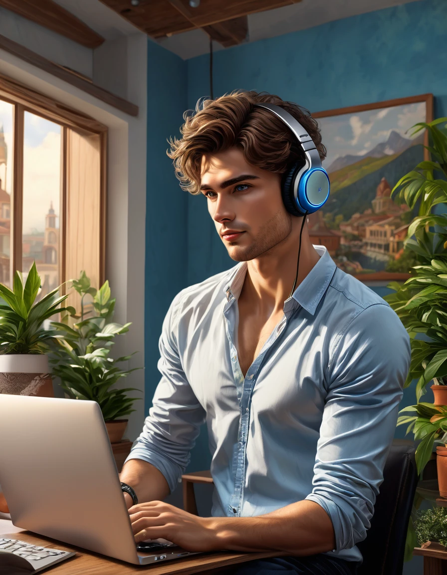 wide angle oil painting, The protagonist is a slender muscular young man, white skin, brown hair, blue eyes, very handsome.,  The Remote Worker Context: A coworking space, with laptops and headphones. colors: warm tones, wood, plants. model: relaxed, with comfortable clothes. style: contemporary realism, with a touch of humor. Expression: flexibility, Independence.