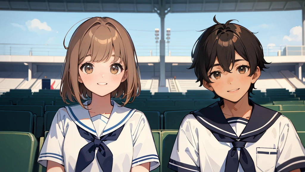 The background is the seats at an outdoor baseball stadium in midsummer.、Upper body of a couple wearing summer sailor uniforms2shot。The first person is a cute girl with light brown hair and straight bangs.。The second man is tall with very short black hair.。Both of them are smiling and making cute faces.
